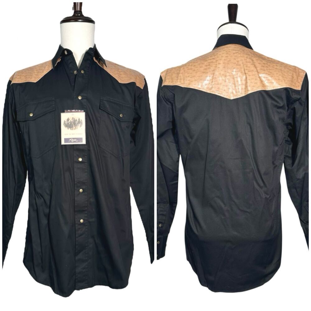 Roper | Men | Black Western Faux Leather Yoke Metal Snap Button Up Shirt | Small